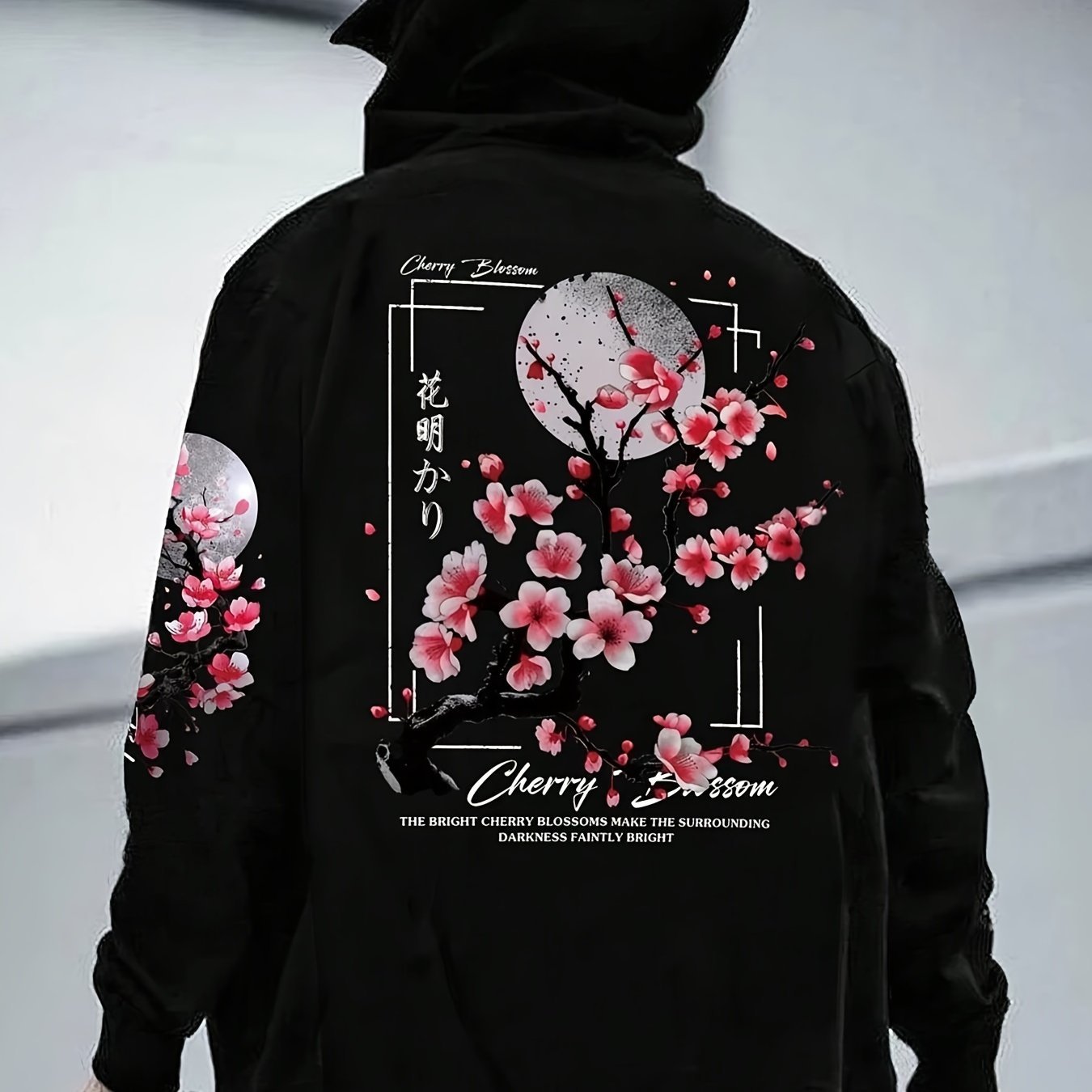 Men's Hoodie With Cherry Blossom Pattern Lining Black GlamzKart