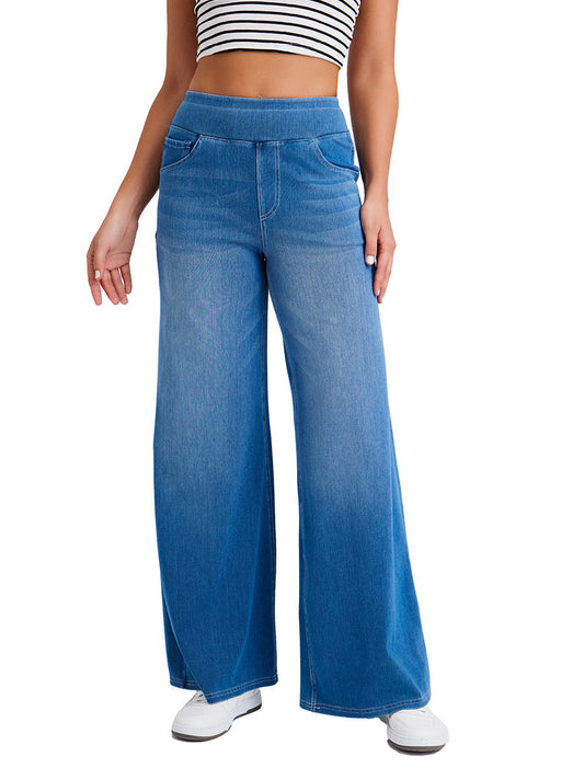 New Plus Size Women's High Waist Flared Jeans With Multiple Pockets, Straight Loose Fit, Distressed Casual Denim Pants Medium light blue GlamzKart