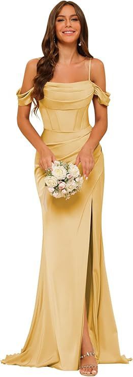 Off-the-shoulder Satin Bridesmaid Corset Ball Gown Gold GlamzKart