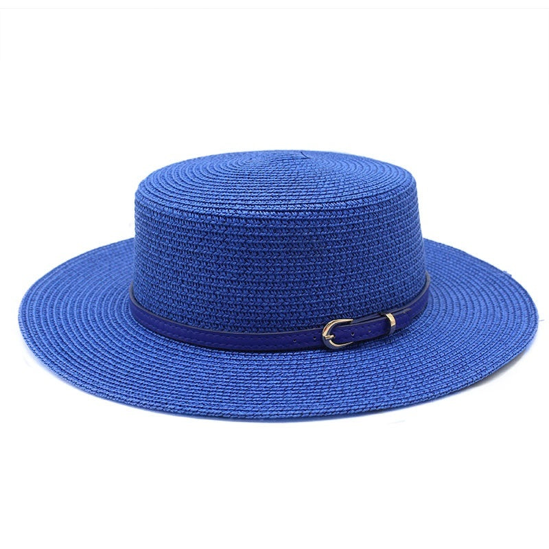 Wide Brim Flat Top Women's Spring And Summer Sun Beach Sun-proof Straw Hat Sapphire Blue M GlamzKart