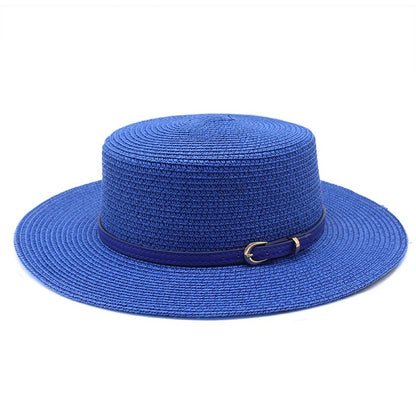 Wide Brim Flat Top Women's Spring And Summer Sun Beach Sun-proof Straw Hat Sapphire Blue M GlamzKart