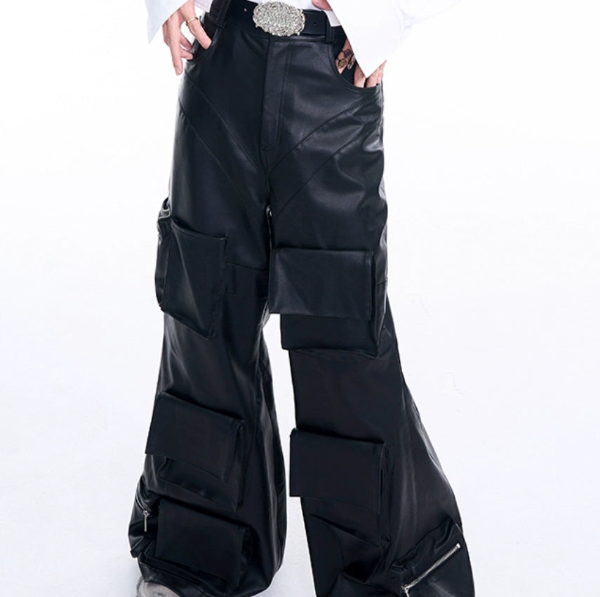 Autumn Three-dimensional Pocket Leather Pants Wide Leg GlamzKart