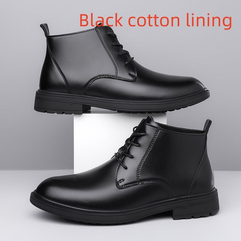 Retro Lace Up Denim Trendy Mid-length Warm Non-slip Men's Martin Boots Black Cotton Lining GlamzKart