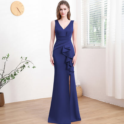 Evening Gown For Women High-end Elegant Simple And Light Luxury Dark Blue 18173 GlamzKart