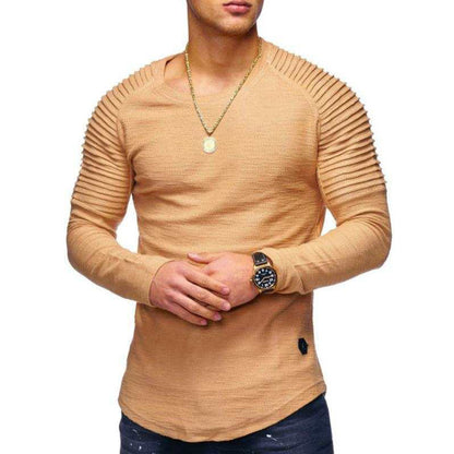 Men's Solid Color Slim Fit Round Neck Long Sleeves T-shirt Personality Khaki GlamzKart