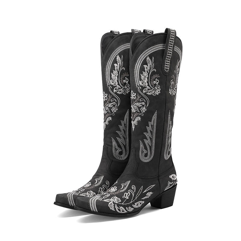 Embroidered Rhinestone Thick High Heel Side Zipper High-top Boots Black GlamzKart