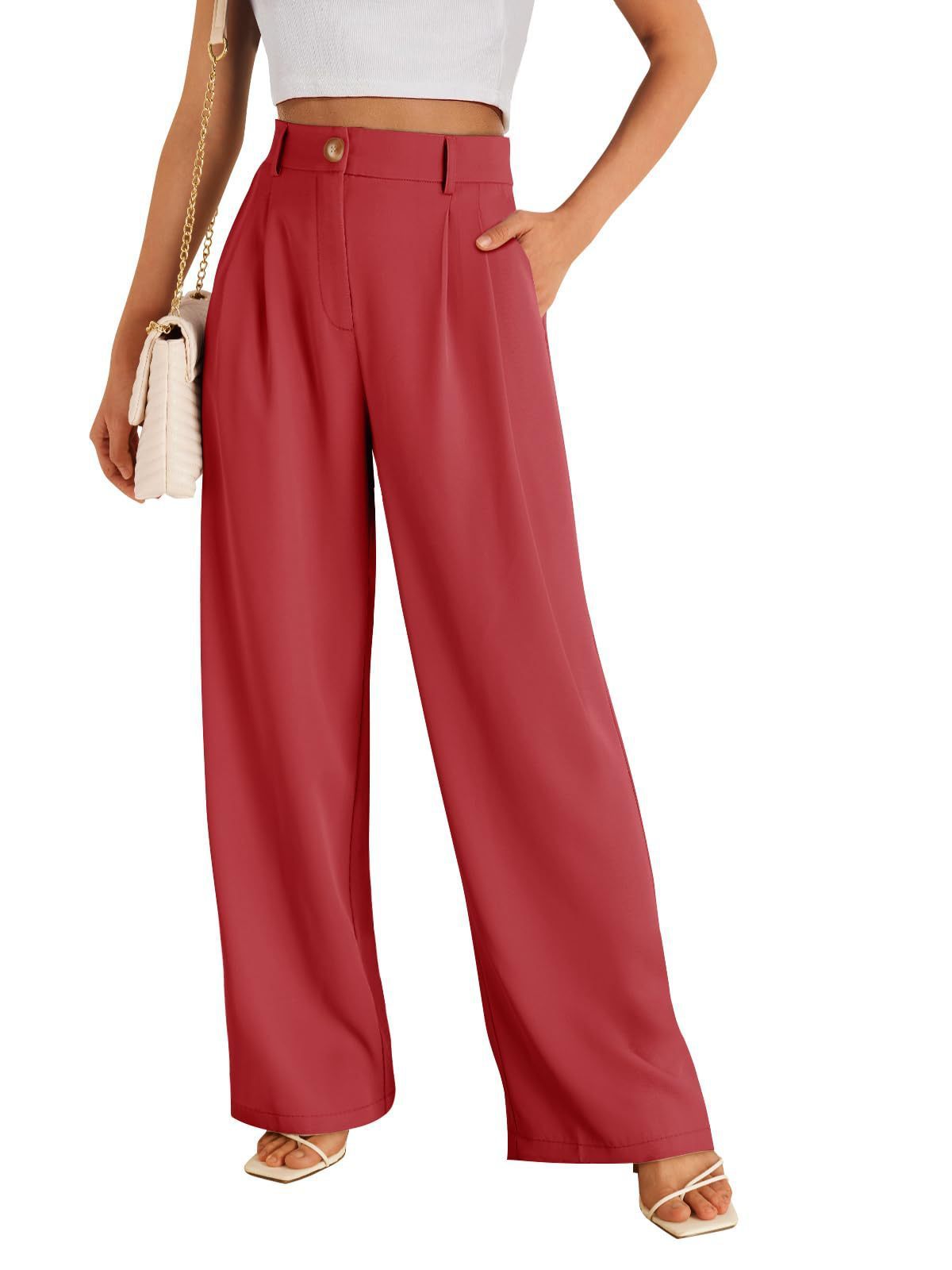 Women's Pocket High Waist Straight All-matching Casual Zipper Brick Red GlamzKart