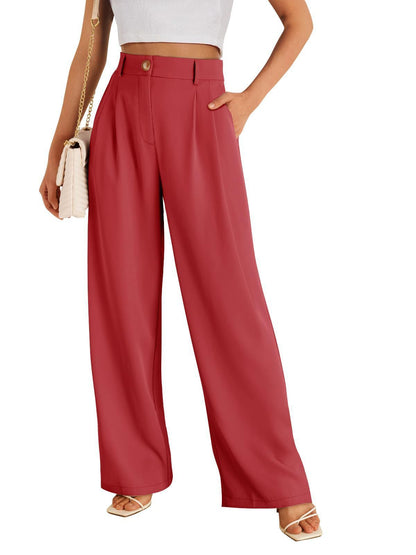 Women's Pocket High Waist Straight All-matching Casual Zipper Brick Red GlamzKart