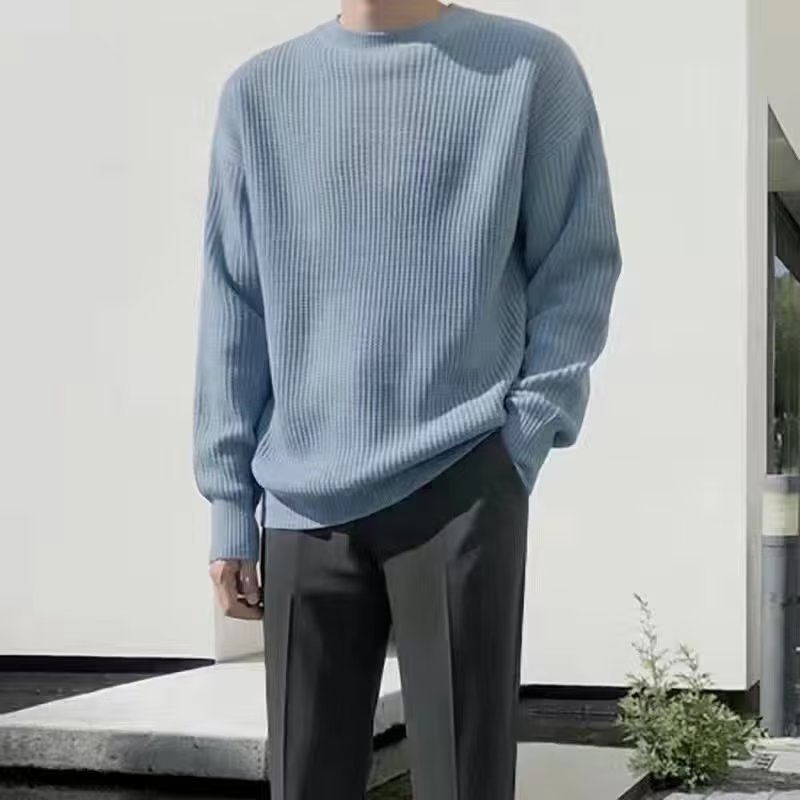 Loose Casual Retro Trendy Underwear Crew Neck Sweater Light Blue GlamzKart