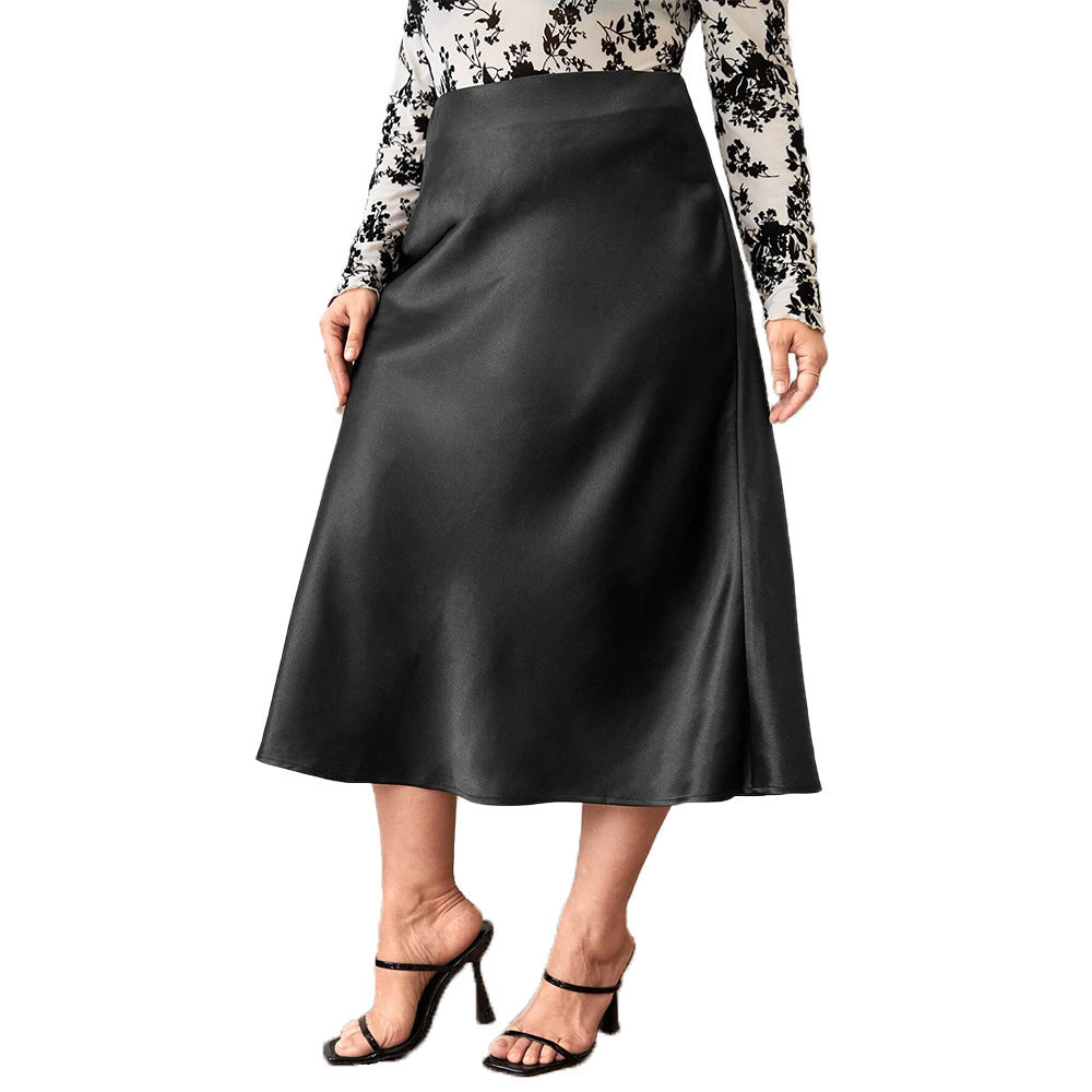 High Waist Zipper Large Hem Satin Satin Temperament Skirt GlamzKart