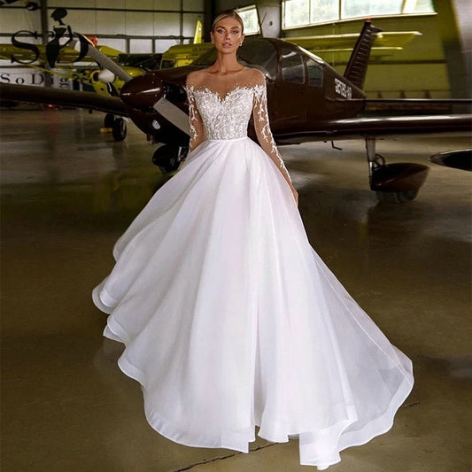 Embroidered Long Sleeve Off-the-shoulder Wedding Dress GlamzKart