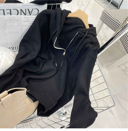 Waffle Hooded Women's Loose Slimming Zipper Cardigan