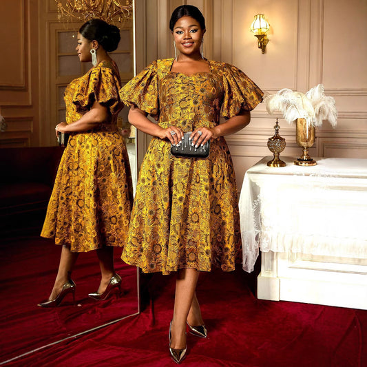 Puff Sleeve Jacquard Square Collar A Swing Long Cocktail Party Dress GlamzKart