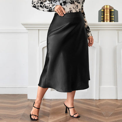 High Waist Zipper Large Hem Satin Satin Temperament Skirt GlamzKart