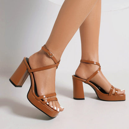 Summer Square Toe Thin Strap Buckle Wide Strap High Heels GlamzKart