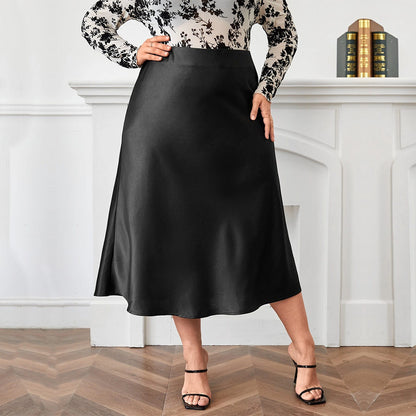 High Waist Zipper Large Hem Satin Satin Temperament Skirt Black GlamzKart