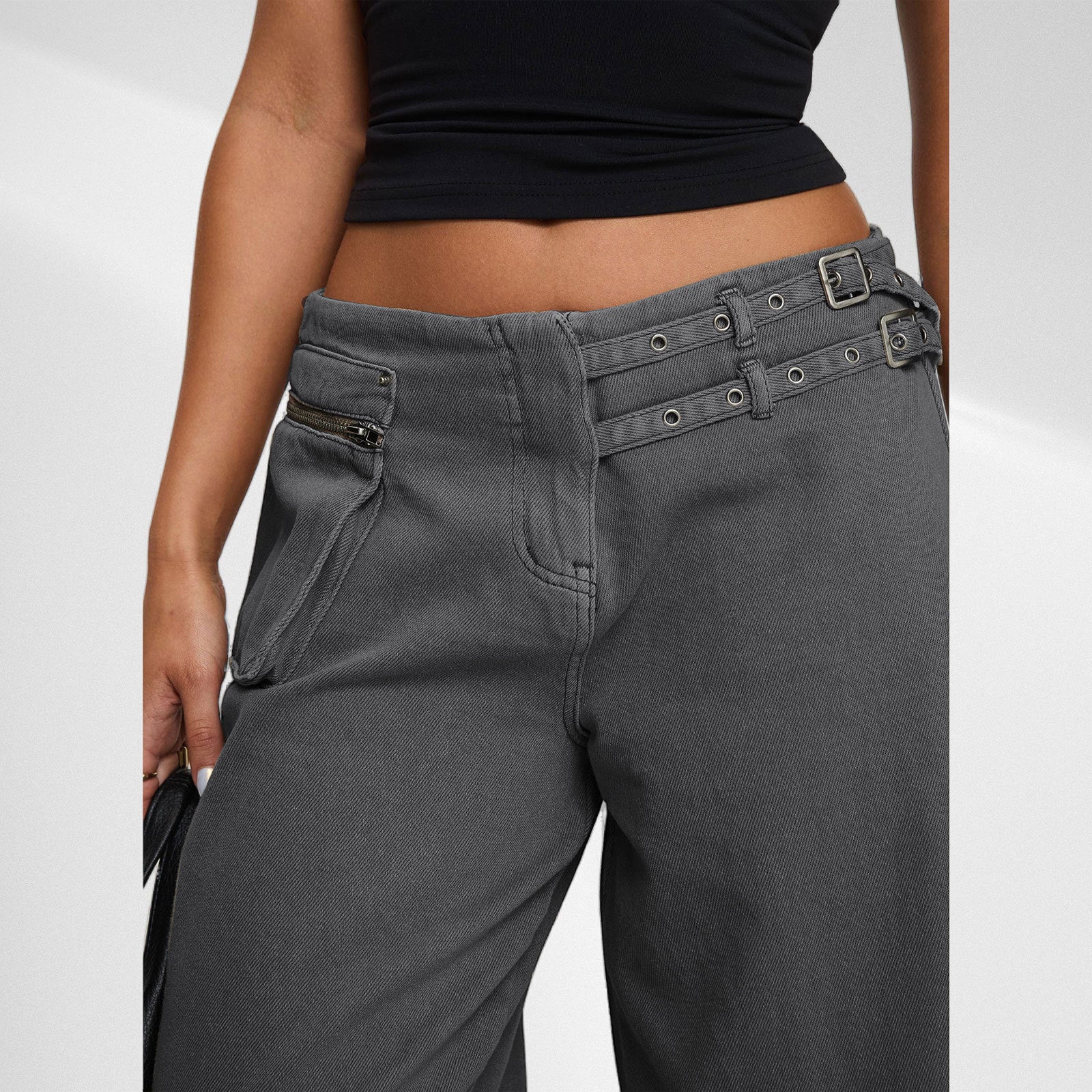 European And American Dark Wide-leg Jeans Personalized Belt Buckle Asymmetric Pocket Drag Sister Out Of The Street Dark Gray GlamzKart