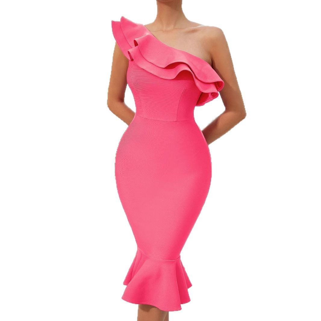 European And American Fashionable Off-shoulder Bandage Dress Ruffled Off-shoulder Evening Dress GlamzKart