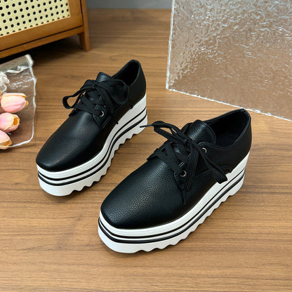 British Style Brogue Lace-up Square Toe Platform Pumps Black GlamzKart
