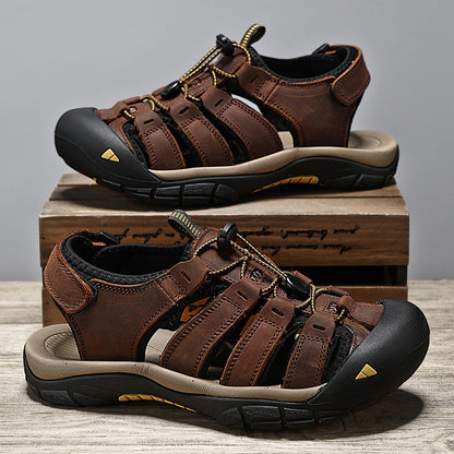 Top Layer Leather Plus Size Men's Beach Sandals Dark Brown GlamzKart