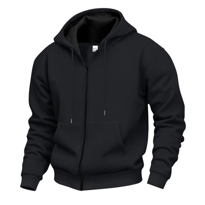Men's Warm With Velvet Hooded Zipper Casual Sweatshirt Black GlamzKart