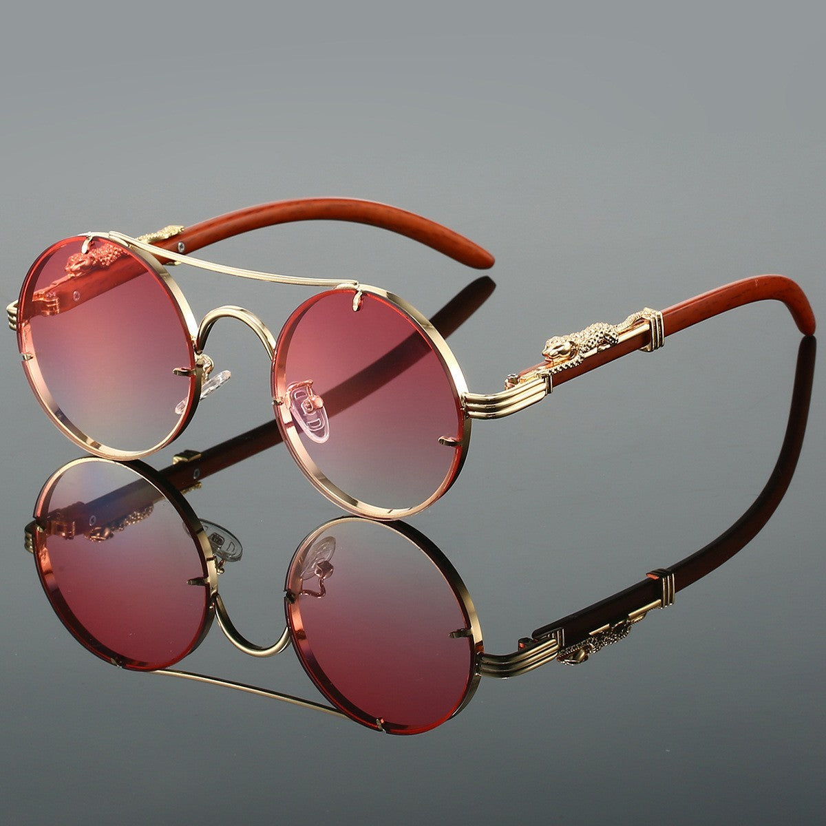 Retro Double Beam Leopard Head Sunglasses Golden Frame Gradually Pink GlamzKart