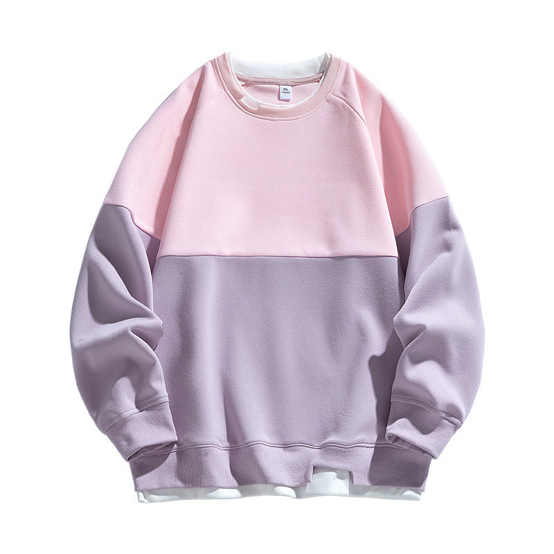 Trendy Contrast Color Matching Fake Two-piece Round Neck Sweater Rose Pink GlamzKart