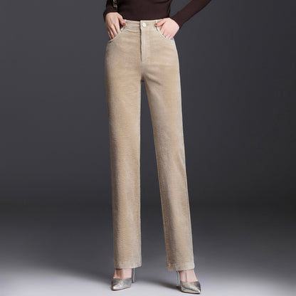 High Waist Straight Corduroy Women's Pants Loose Lamp Wick Apricot GlamzKart