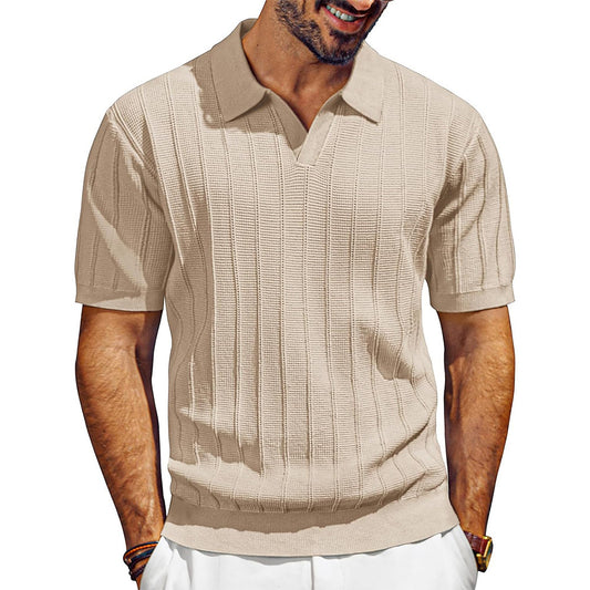 Men's Breathable V-neck Hollow Lapel Knitwear Apricot GlamzKart
