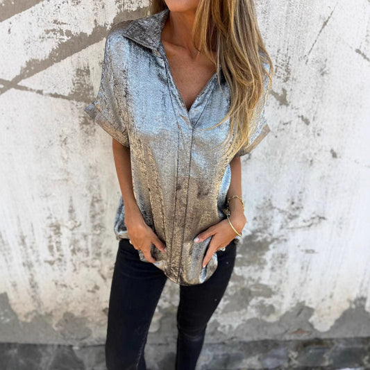 Women's Solid Color Casual Loose Bronzing Short-sleeved Lapel Shirt GlamzKart