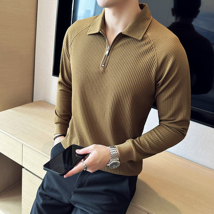 High Elastic Thickened Seersucker Half Zipper Polo Shirt GlamzKart