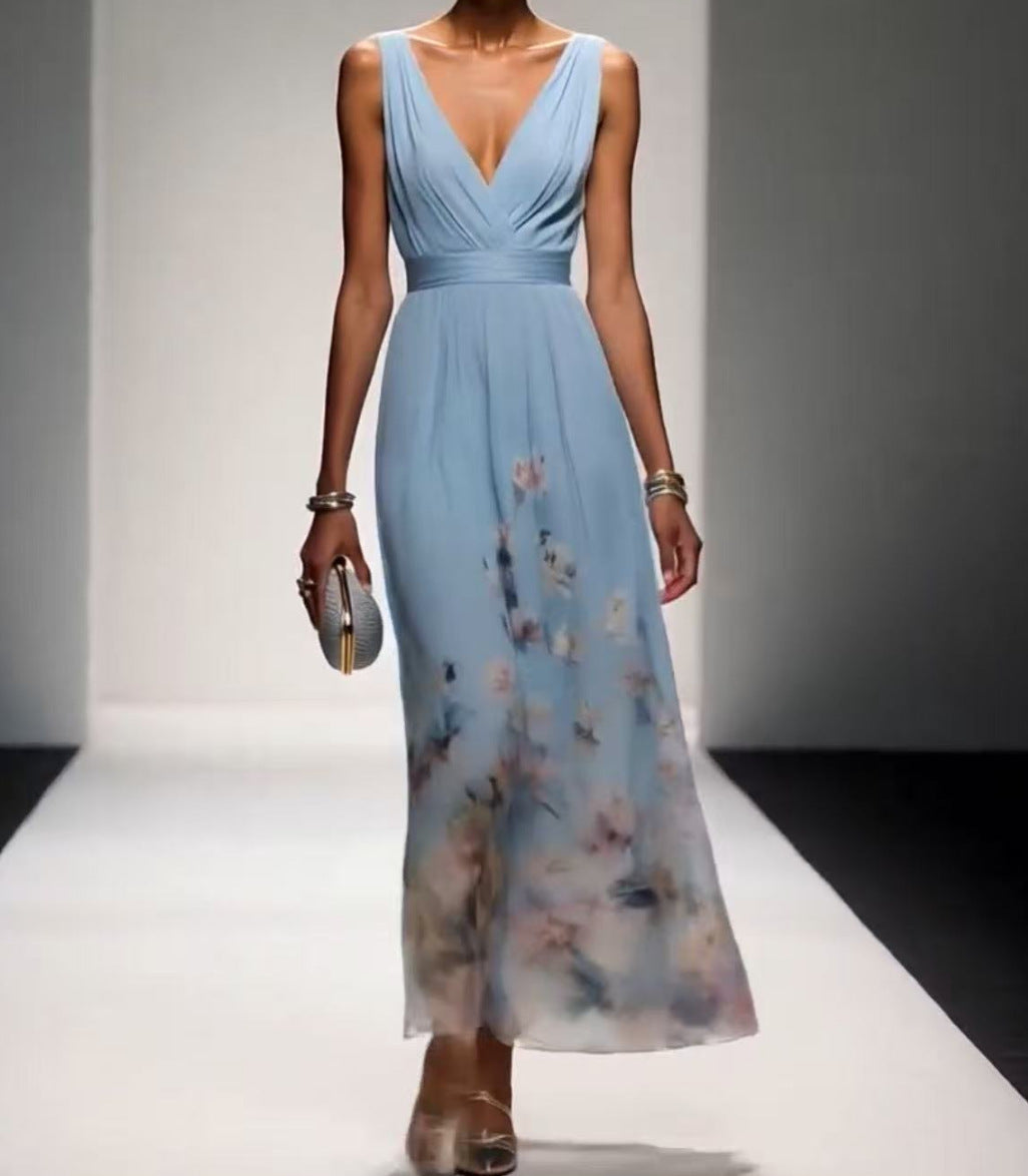Evening Gown Elegant V-neck Cross-border Dress Light Blue single GlamzKart