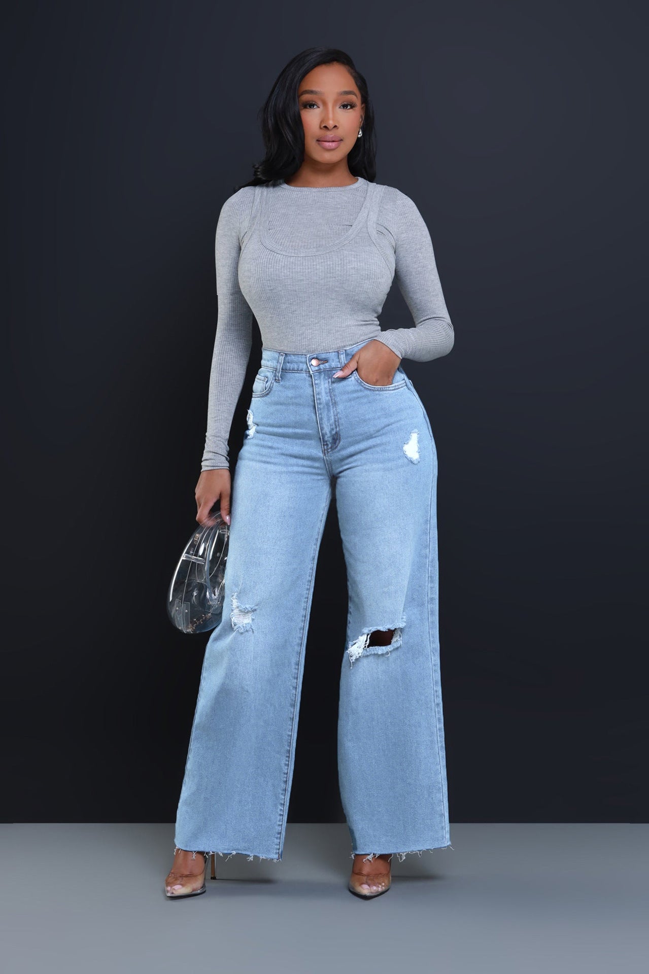 Women's Ripped High Waist Loose Straight Wide Leg Jeans Light Blue GlamzKart