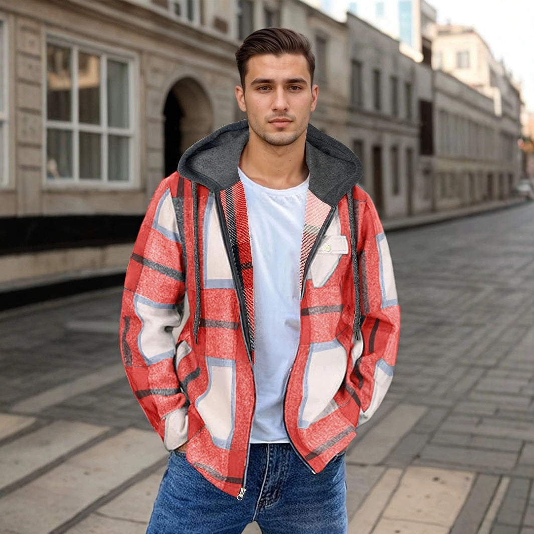 Men's Flannel Jacket Zipper Hooded Jacket GlamzKart