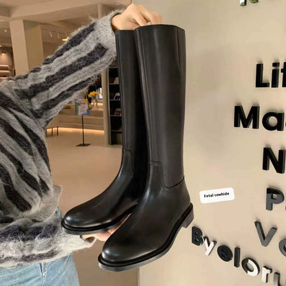 Round Toe Side Zipper Fleece-lined Long Biker Boots Women's Autumn And Winter GlamzKart