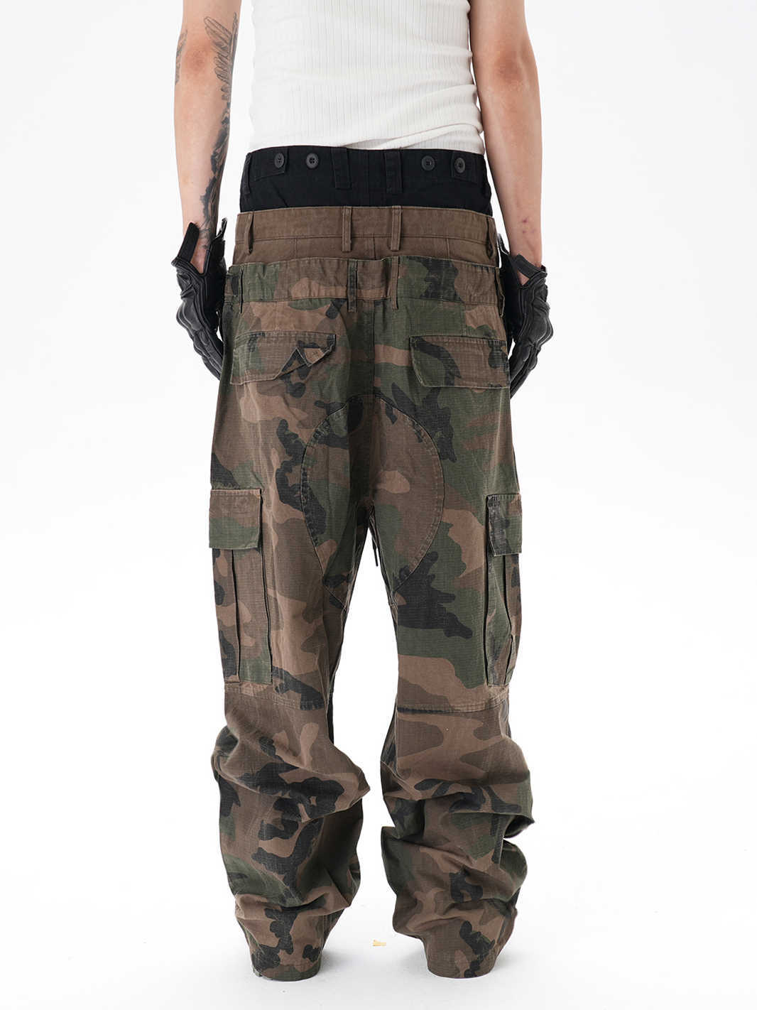 Stitching Three-layer Wide-leg Multi-pocket Camouflage Workwear Casual Pants GlamzKart