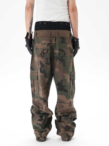Stitching Three-layer Wide-leg Multi-pocket Camouflage Workwear Casual Pants GlamzKart