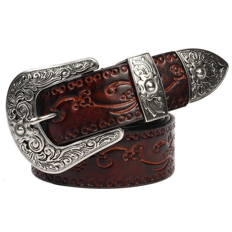 Embossed First Layer Cowhide Men's Mongolian Style Personalized Carved Belt Morning Glory Coffee GlamzKart