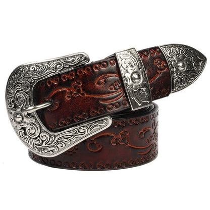 Embossed First Layer Cowhide Men's Mongolian Style Personalized Carved Belt Morning Glory Coffee GlamzKart