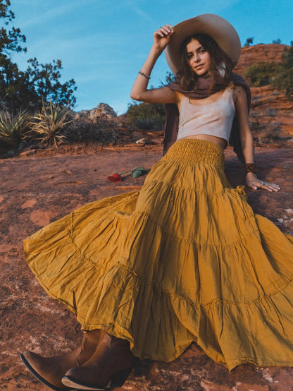 Casual Women Bohemian Loose Solid Skirt Turmeric GlamzKart