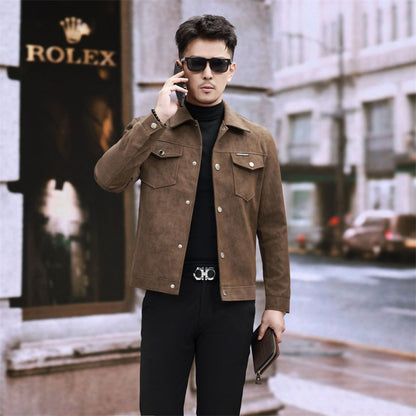 Suede Leather Jacket Men's Slim-fit High-grade Pu Handsome Retro Biker's Brown Suede GlamzKart