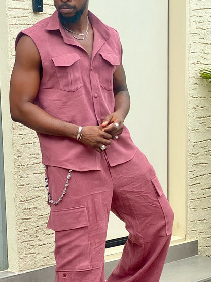 Sleeveless Button - Up Shirt And Cargo Pants Set GlamzKart