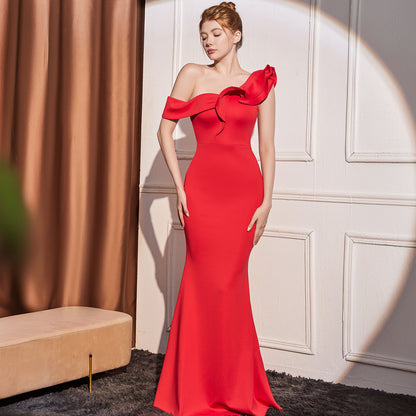 High-end Slant Shoulder Slimming Long Dress Red 18732 GlamzKart