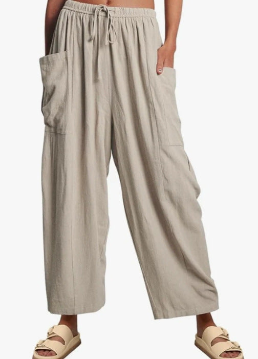 Elastic Pleated High Waist Cotton Linen Wide Leg Pants Light Gray GlamzKart