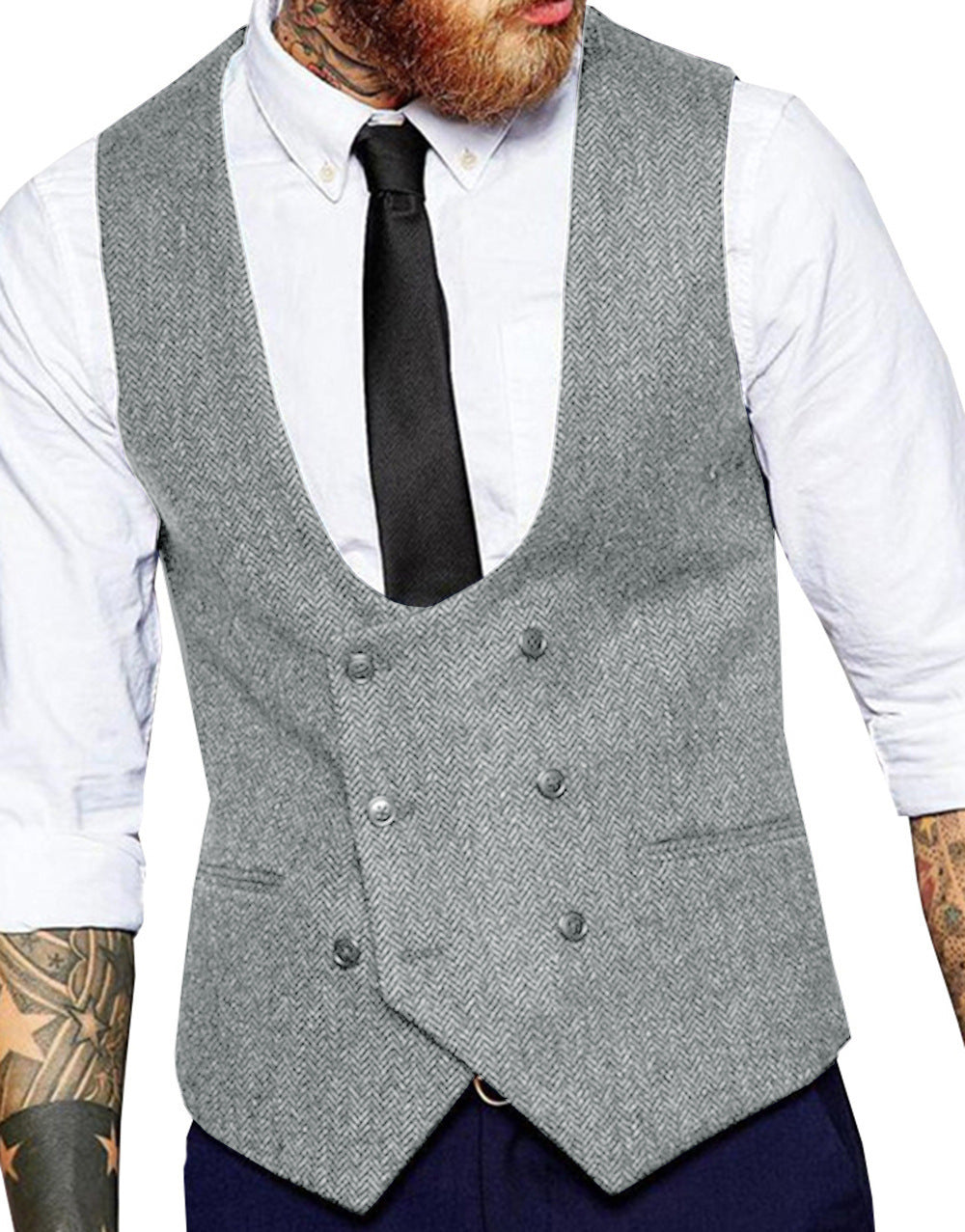 Retro Casual Herringbone Pattern Men's Suit Vest Groom Groomsman Slim Fit Vest Silver Gray GlamzKart