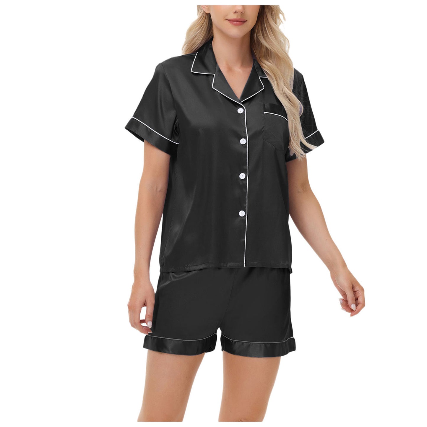 Ice Silk Women's Short Sleeve Satin Plus Size Pajamas Black GlamzKart