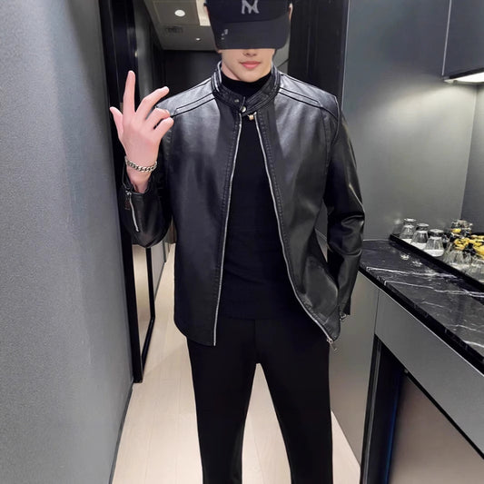 Spring And Autumn Men's Slim Leather Clothing With Stand Collar Jacket GlamzKart