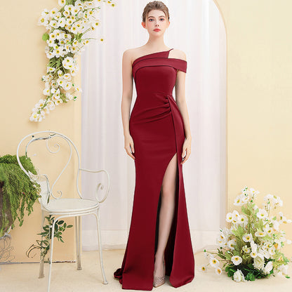 Female Temperament Ladies Banquet Long Fish Tail Dress Wine Red GlamzKart