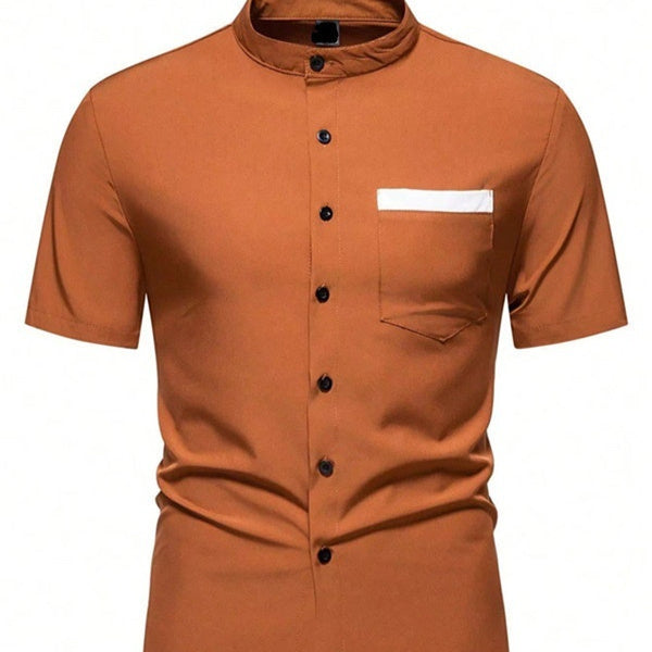 Summer New Men's Color Matching Fashion Short Sleeve Shirt Caramel GlamzKart