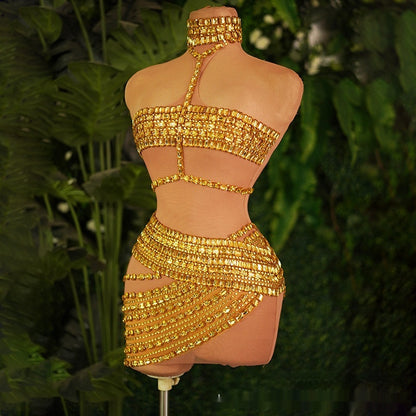 High-end And Fashionable Rhinestone Tube Top Short Skirt Top Vest Gold GlamzKart